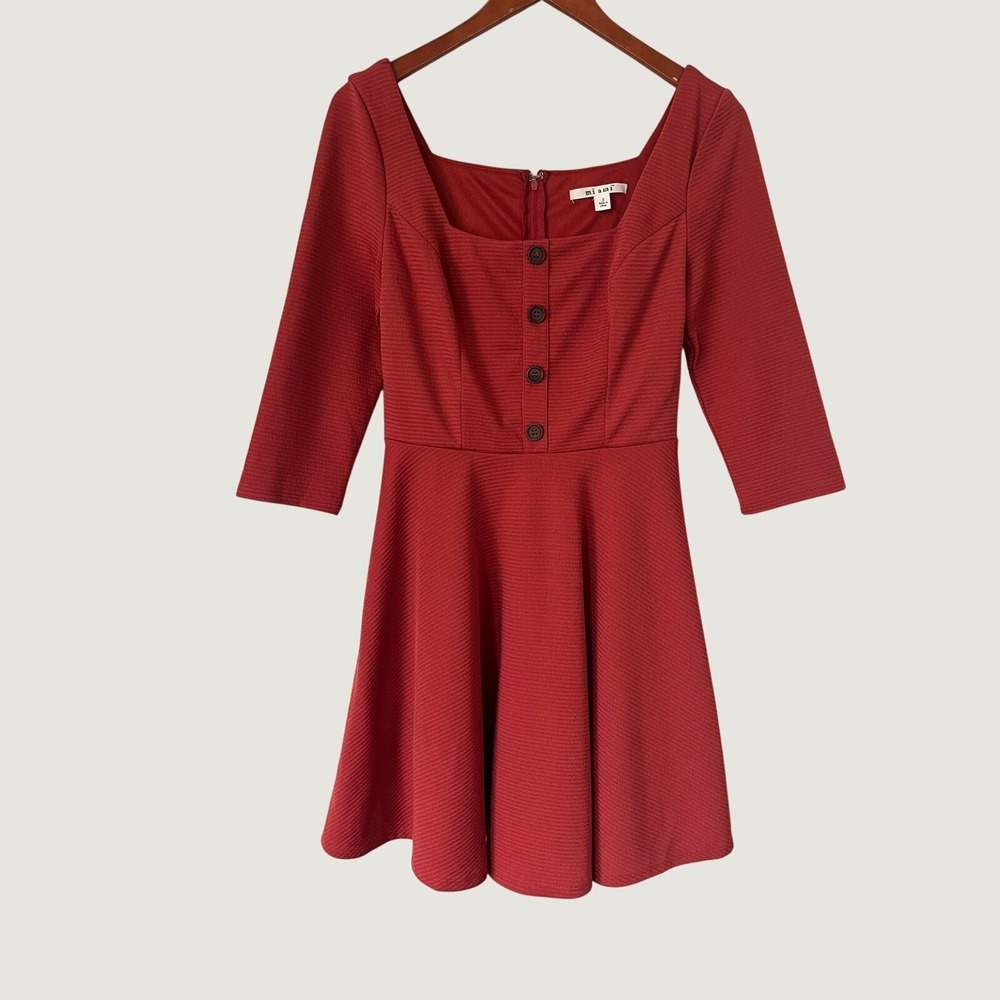 Mi Ami Rust Ribbed Fit and Flare Dress Square Neck 3/4 Sleeve Small boho chic